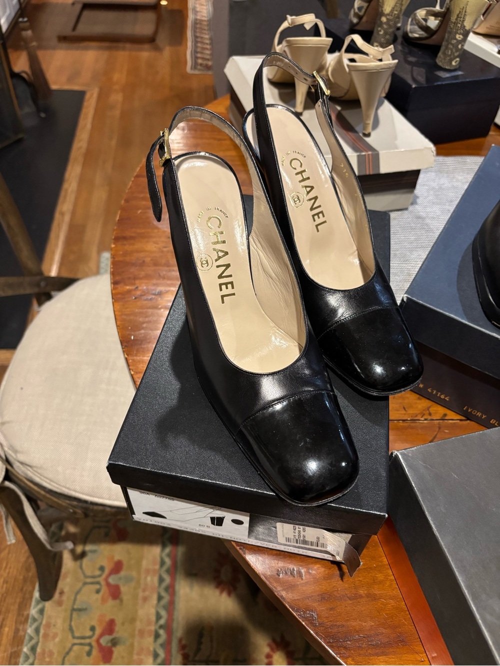 CHANEL Black Patent Leather Slingback Heel
